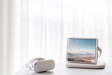 Fototapete - Minimalist VR and Smart Display Setup on Soft Textured Surface in Modern Home Office - Enhancing Digital Interaction and Productivity with Contemporary Aesthetic