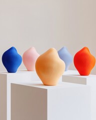 Poster - Vibrant -Printed Sculptures Geometric Designs on White Plinths for Modern Home Decor and Sustainable Architecture Showcase - Enhancing Creative Living Spaces