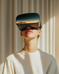 Fototapete - Immersive VR Experience Stylish Black Headset in Minimalist Setting - Advancing Virtual Simulations and Modern Entertainment Solutions