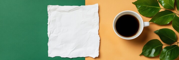 Fototapete - Biophilic Office Setup Textured Paper with Coffee and Lush Greenery on Colorblock Surface - Mindful Productivity and Work-Life Balance Design for Modern Workspaces