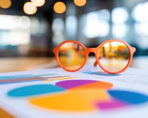 Poster - Vibrant Corporate Desk with Graphical Report and Orange Glasses Enhancing Business Insight on Wooden Workspace for Modern Digital Analysis