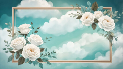 Wall Mural - elegant decorative frame surrounded by clouds and white roses