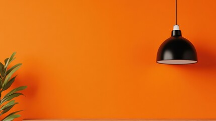 Aufkleber - Mid-Century Design Revival Sleek Black Pendant Light on Wooden Table Against Vibrant Orange - Modern Interior Design and Retail Decoration for Dynamic Atmospheres