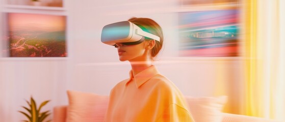 Fototapete - Immersive VR Experience Abstract Neon Aesthetics in Futuristic Living Space - Modern Travel Content and Tech-driven Lifestyle Marketing