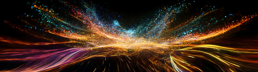 Leinwandbilder - Mesmerizing Cosmic Explosion of Radiant Energy and Vibrant Kaleidoscopic Motion  Captivating abstract background with dynamic streaming lights dazzling iridescent swirls