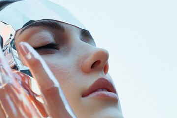 Aufkleber - Futuristic AI Influencer in Geometric Attire with Holographic Elements Premium CGI for Cutting-Edge Digital Marketing and Tech-Savvy Virtual Commerce Strategies