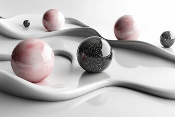 Canvas Print - Pink and black spheres on white curves