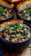 Wall Mural - Hearty White Bean Soup In Dark Bowls With Toasted Bread