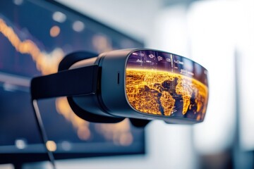 Fototapete - Curved Monitor and VR Headset in Minimalist Space Tech-Enabled Virtual Travel Dashboard for Innovative Business Solutions and Digital Tourism