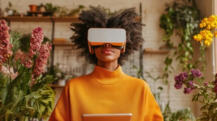 Aufkleber - Contemporary Co-Working Hub Virtual Reality Tablets amidst Urban Jungle Decor Enhancing Remote Work Experiences for Digital Nomads and Tech-Forward Networking
