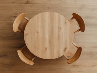 Aufkleber - Scandinavian Minimalist Seating Circular Wooden Table with Curved Chairs on Hardwood Floor - Collaborative Office Content and Modern Design Solutions