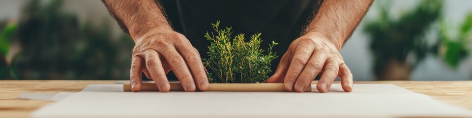 Poster - Eco-Chic Strategy Session Hands Cultivating on Rustic Table with Herb Elements - Sustainable Business Planning and Organic Growth Strategies for Green Enterprises