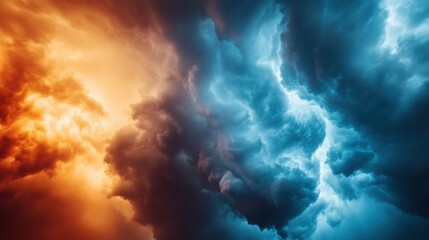 Aufkleber - Atmospheric Duality Striking Supercell Dynamics Captured in Vibrant Orange and Blue - Visual Content for Weather Education and Climate Impact Strategies