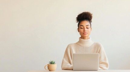 Leinwandbilder - Minimalist Neutral Workspace Young Professional with Laptop, Soft Textures and Succulent - Boosting Productivity and Wellbeing in Modern Home Offices