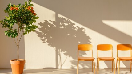 Aufkleber - Mid-Century Minimalist Seminar Space Wooden Seating and Potted Plant - Sustainable Design for Modern Educational Environments and Professional Gatherings