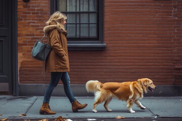 Woman walks golden retriever dog on urban street during a chilly afternoon in a city neighborhood