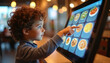 © miss irine - Young boy with curly hair orders from digital menu at restaurant. Points at touch screen, chooses meal. Client at ordering kiosk interacts with interface. Modern signage, retail transformation,