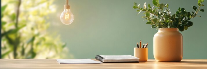 Poster - Modern Workspace Aesthetic Scandinavian Light Wood Desk with Task Notebooks and Potted Plant - Minimalist Organization for Eco-Friendly Project Management and Office Brand Content