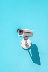 Leinwandbilder - Modern Minimalist Surveillance Sleek Metallic Security Camera on Vibrant Blue Wall - Advanced Infrared Monitoring for Urban Safety and Smart Building Integration
