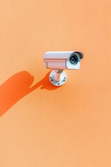Fototapete - Vibrant Minimalist Surveillance Infrared-Capable Security Camera with Modern Mounting on Orange Wall - Advanced Safety Equipment for Urban Infrastructure and Smart Home Protection