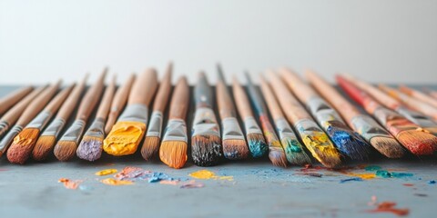 Poster - Rustic Art Studio Atmosphere Wooden Easel and Vibrant Brushes on Textured Canvas - Inspiring Creative Spaces for Modern Artistic Workshops and Collaborative Design