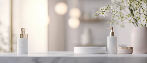 Poster - Minimalist Skincare Display White Marble Vanity with Soft Glow - Serene Bathroom Setting for Modern Product Branding and Wellness Marketing