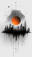 Canvas Print - Orange sun sets over city silhouette reflected in water