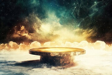 Wall Mural - Glowing round podium illuminating snowy landscape under starry sky with clouds