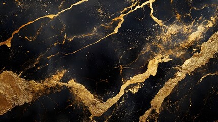 Aufkleber - Mesmerizing golden marble texture with intricate fractal patterns and luminous sparkles on a dark premium background  This striking elegant