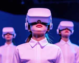 Poster - Neon Immersive VR Fitness Class High-Tech Gym with Adults in Uniform VR Headsets in Seoul - Futuristic Wellness and Health Innovation