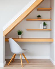 Poster - Scandinavian-Inspired Under-Stairs Workspace Wooden Desk and Floating Shelves for Efficient Home Office Design in Modern Real Estate and Interior Projects