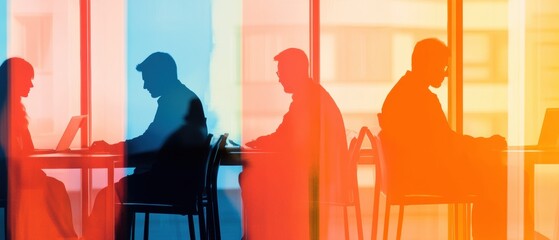 Aufkleber - Dynamic Team Collaboration Vibrant Silhouettes at Modern Office Conference Table - Innovating Business Communication with Creative Technology for Professional Growth