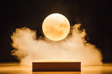 Poster - Illusionary Stage Lights Mechanical Sphere Hovering Over Smoky Platform Modern Theater Magic for Innovative Visual Entertainment