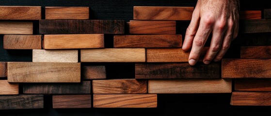 Poster - Modern Business Strategy Display Hands Arranging Wooden Blocks on Dark Surface - Professional Development, Strategic Planning and Educational Content in Business Innovation