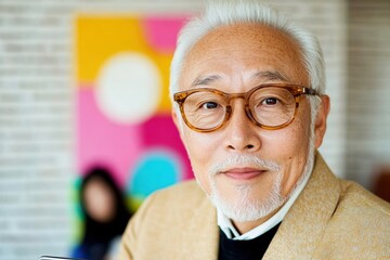 Leinwandbilder - Contemporary Workspace Leadership Senior Korean Entrepreneur in Beige Blazer with Tablet in Vibrant Coworking Office - Business Innovation and Second-Career Investment Strategy