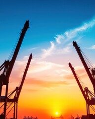 Poster - Contemporary Silhouetted Gantry Cranes Against Sunset Dynamic Maritime Commerce Visual for Global Shipping and Logistics - Industrial Infrastructure and International Trade Promotion