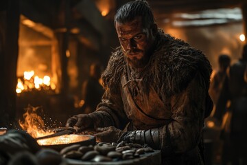 Aufkleber - Blacksmith crafts intricate weapons amid glowing forge in a medieval workshop