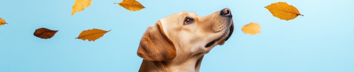 Poster - Contemporary Canine Visual Golden Retriever Portrait with Autumn Leaves on Sky Blue - Seasonal Pet Promotion and Lifestyle Branding in Outdoor Adventure Market