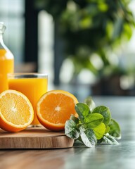 Poster - Industrial Chic Workspace with Citrus Accents Fresh Orange Display and Glass Pitcher on Rustic Wooden Table - Inspiring Eco-friendly Design for Wellness-focused Office Environments