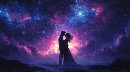 Poster - Couple embraces under vibrant cosmic sky.