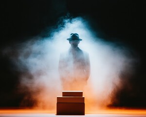 Poster - Illusionists Dreamscape Veteran Magician on Mystical Stage with Trick Boxes in Dramatic Spotlight Engaging Theatrical Experiences and Modern Show Production for Event Branding