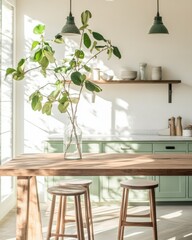 Poster - Minimalist Urban Kitchen Design Wooden Dining Table with Greenery and Green Cabinets Contemporary Home Decor for Eco-Friendly Modern Living Spaces
