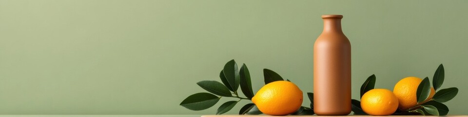 Aufkleber - Mid-Century Modern Fruit Decor Sleek Ceramic Vase with Vibrant Oranges and Greenery on Wooden Board - Event Catering and Eco-Friendly Design Inspiration