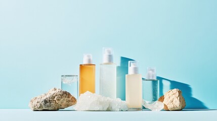 Poster - Minimalist Skincare Display Crystal-Infused Glass Bottles with Stones - Luxury Wellness Merchandising and Spa-Inspired Branding