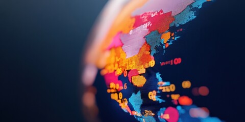 Leinwandbilder - Vibrant Data Visualization Globe High-Resolution Digital Display with Analytical Graphs and Metrics - Business Intelligence for Global Market Insights and Performance Monitoring