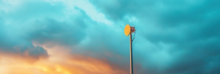 Poster - Modern Satellite Dish Array Stormy Sky Backdrop with Metal Infrastructure for Enhanced Global Broadcasting and Communication - Tech Innovation in Weather-Resilient Transmission