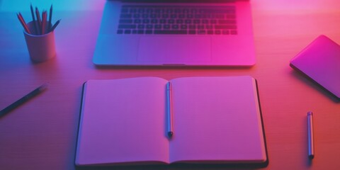 Fototapete - Neon Study Desk Aesthetic Open Notebook with Pen on Wooden Surface - Enhancing Academic Prep for Digital Age Learning and Creative Workspace Design