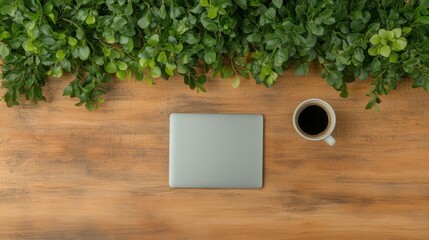Poster - Minimalist Remote Work Setup Sleek Laptop on Wooden Desk with Coffee and Foliage - Professional Content Creation and Modern Home Office Aesthetic for Digital Nomads