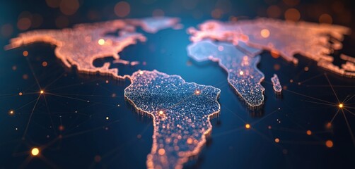 Leinwandbilder - Digital connectivity map of South America. Global network, cyber technology illustration featuring data transfer, telecommunication. Worldwide internet exchange, earth glowing connections, futuristic