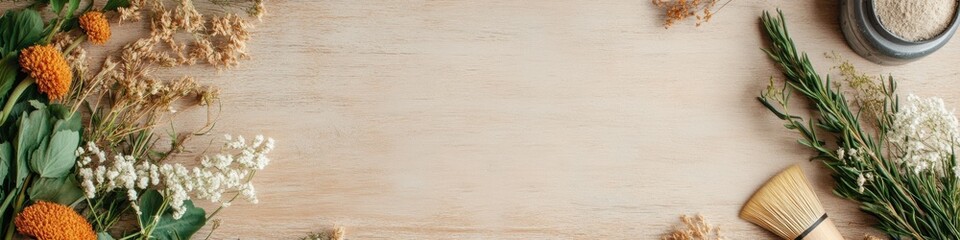 Aufkleber - Rustic Creative Workspace Display Natural Flora and Paint Brushes on Textured Wood for Art Education and Sustainable Design Inspiration in Visual Content Creation